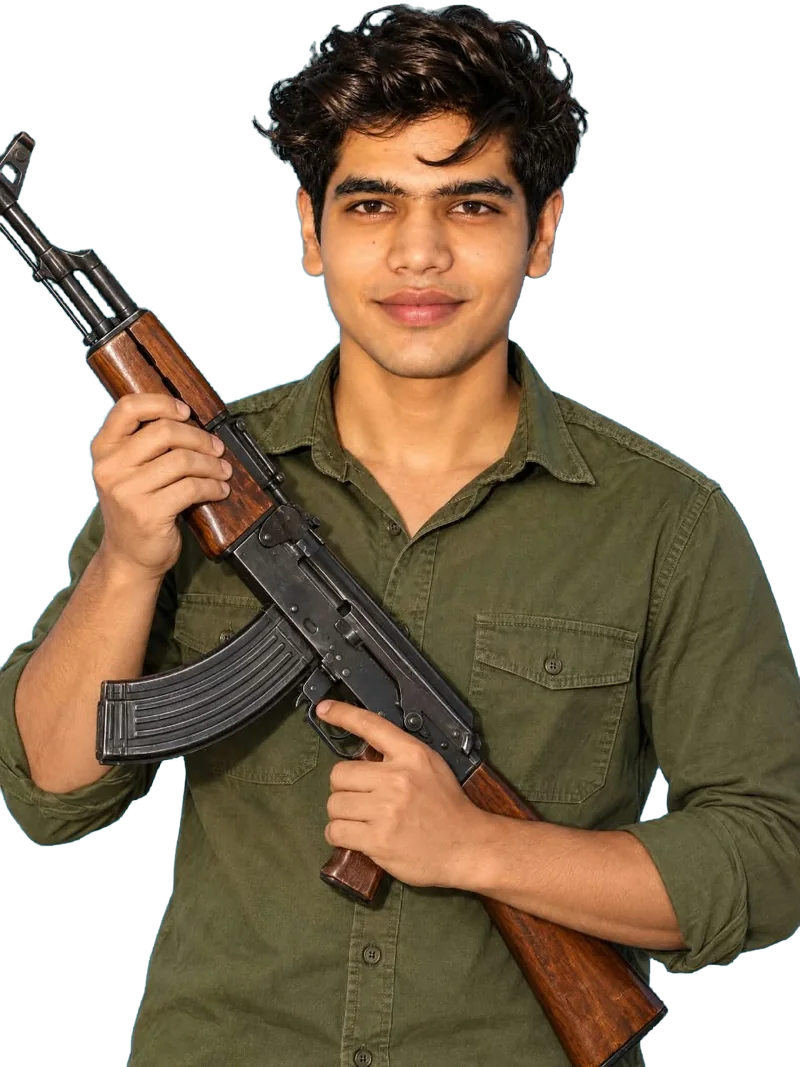 Prabhat Tiwari in an olive shirt holding a rifle